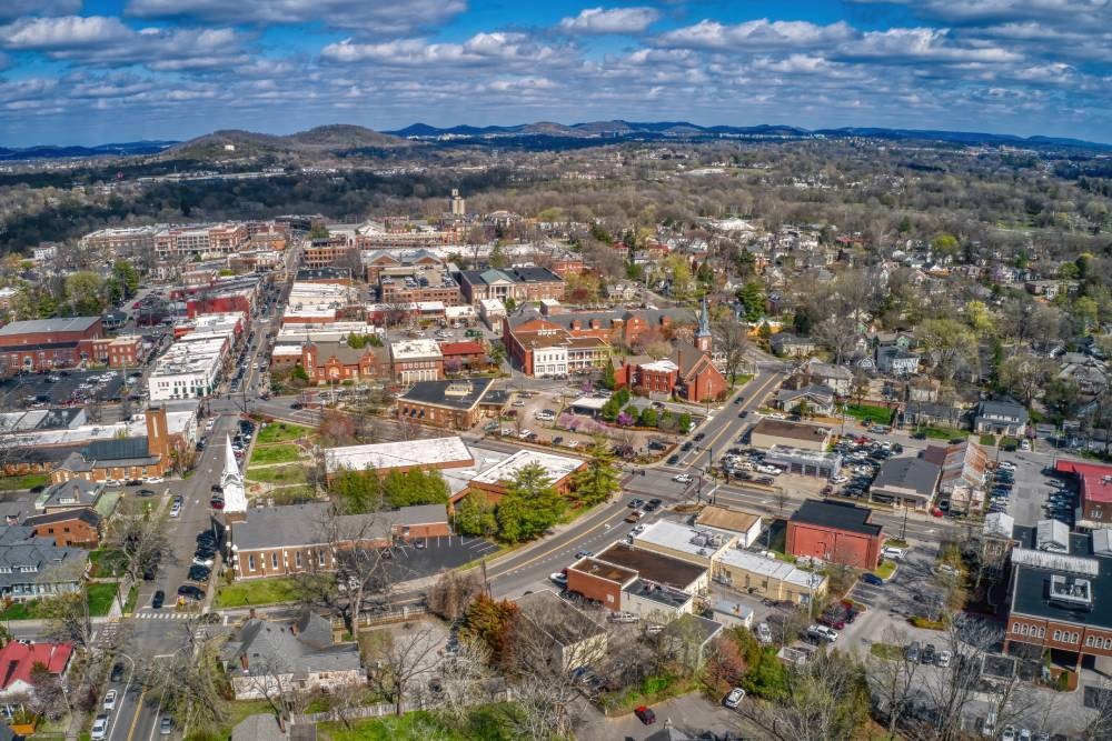 Aerial view of Franklin, Tennessee, at daytime during the spring near Franklin, Tennessee (TN)