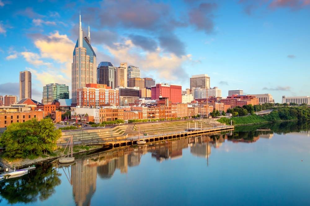The Nashville, Tennessee, skyline with a reflection in the water at Blind & Shutter Gallery near Nashville, Tennessee (TN)
