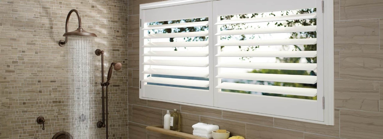 Custom bathroom window treatments for homes near Nashville, Tennessee (TN), including custom vinyl shutters