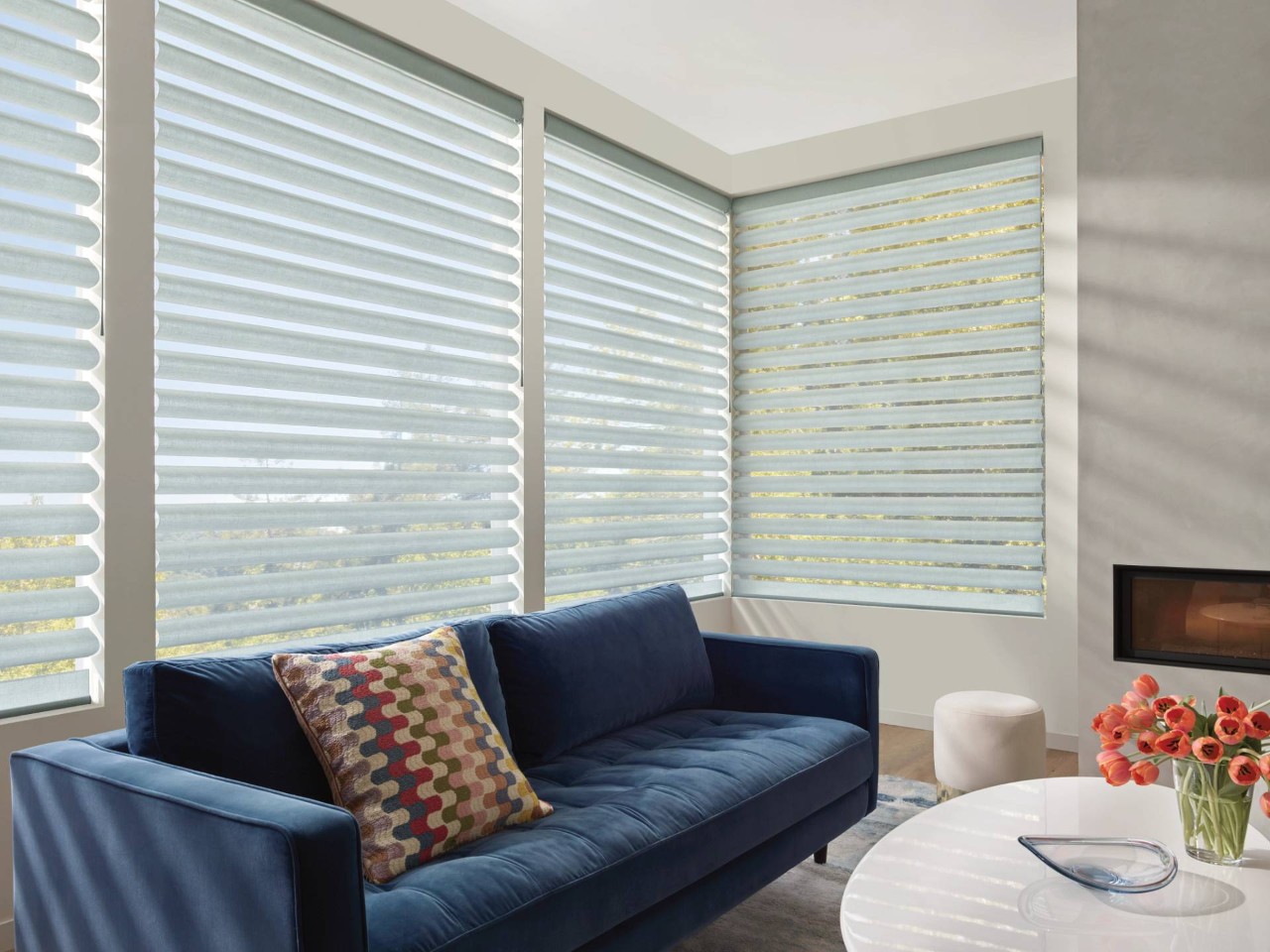 Large windows overlooking a city and covered by Pirouette® ClearView® Sheer Shades near Nashville, TN